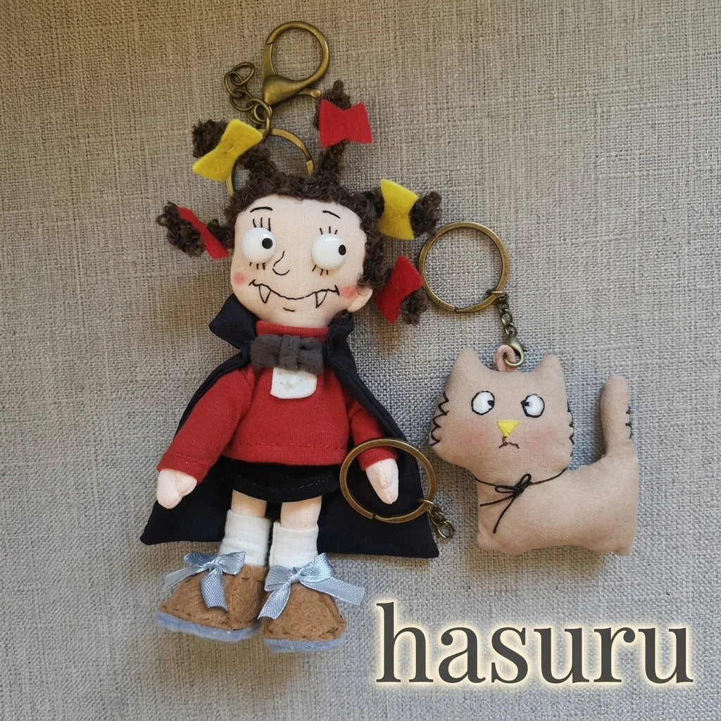 Handmade Little Witch & Cat Fabric Doll Charm | Original Artisan Design