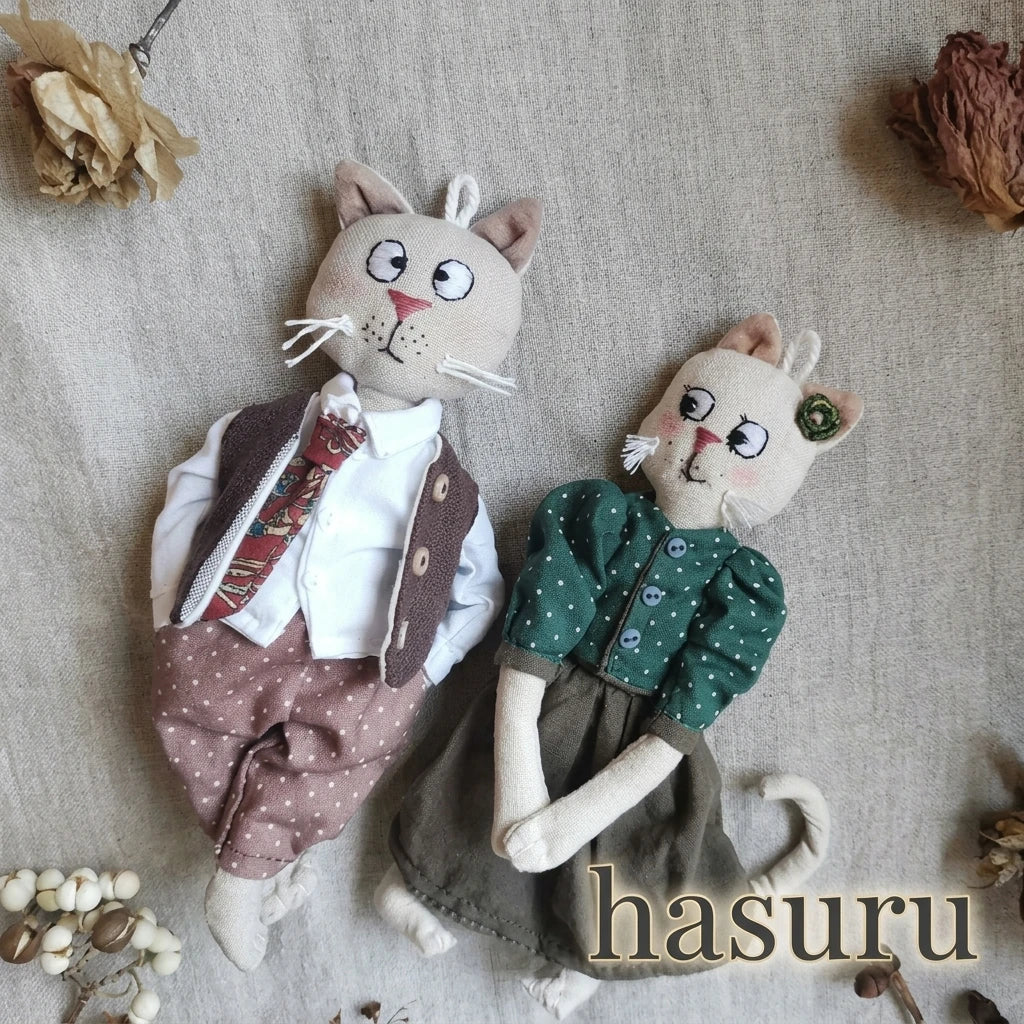 Artisan Handmade Cat Couple Fabric Doll Charm | Original Design