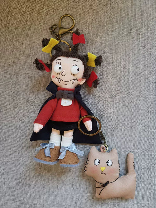Handmade Little Witch & Cat Fabric Doll Charm | Original Artisan Design