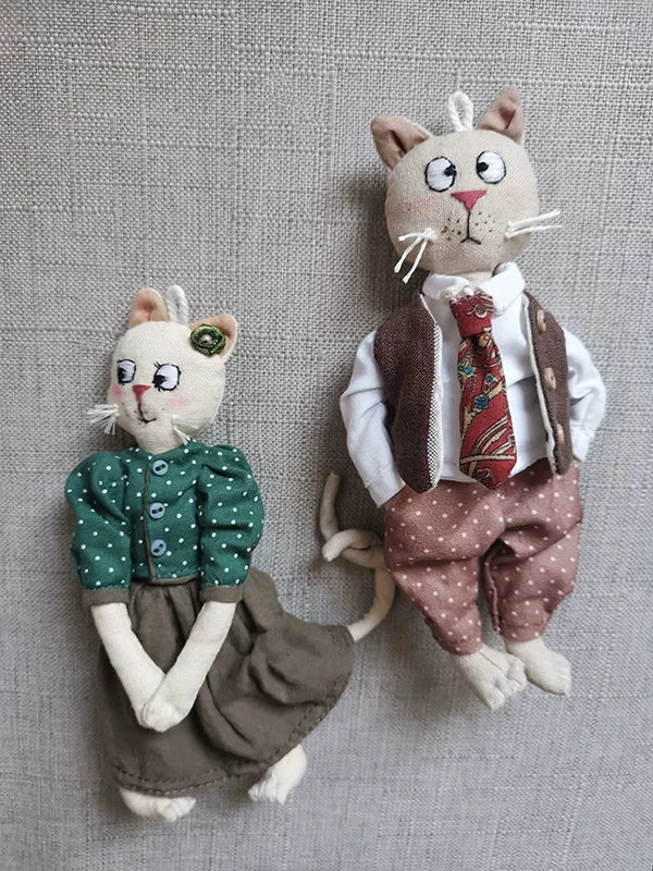 Artisan Handmade Cat Couple Fabric Doll Charm | Original Design