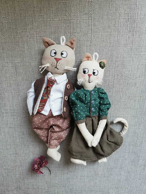 Artisan Handmade Cat Couple Fabric Doll Charm | Original Design