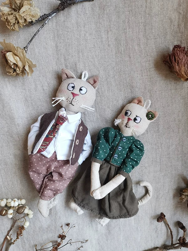Artisan Handmade Cat Couple Fabric Doll Charm | Original Design
