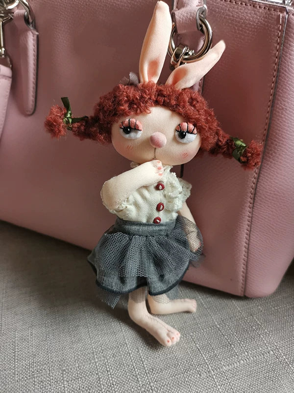 Handmade Bunny Girl Fabric Doll Bag Charm & Key Holder