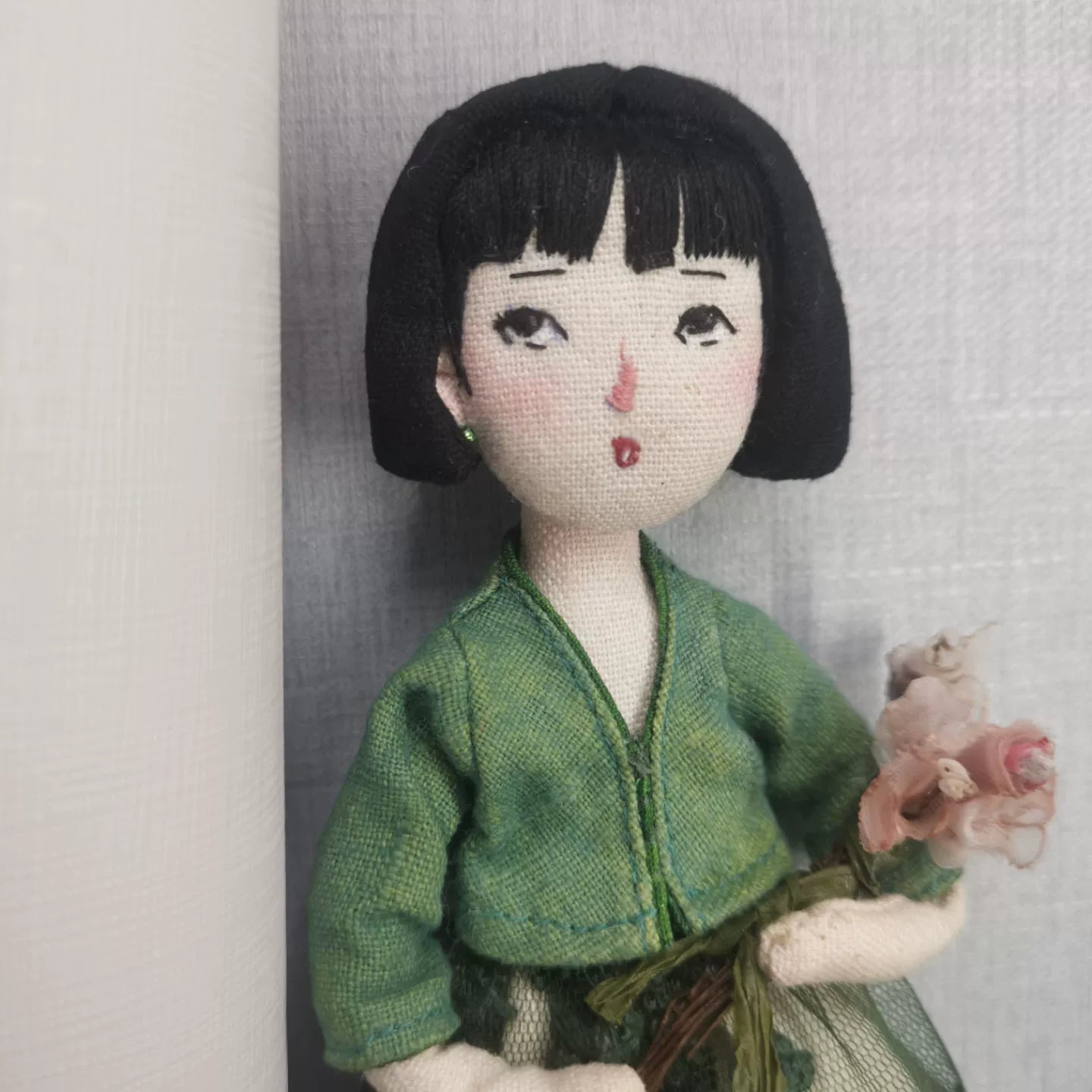 Handmade Artisan Fabric Doll Bag Charm - Green Dress Girl