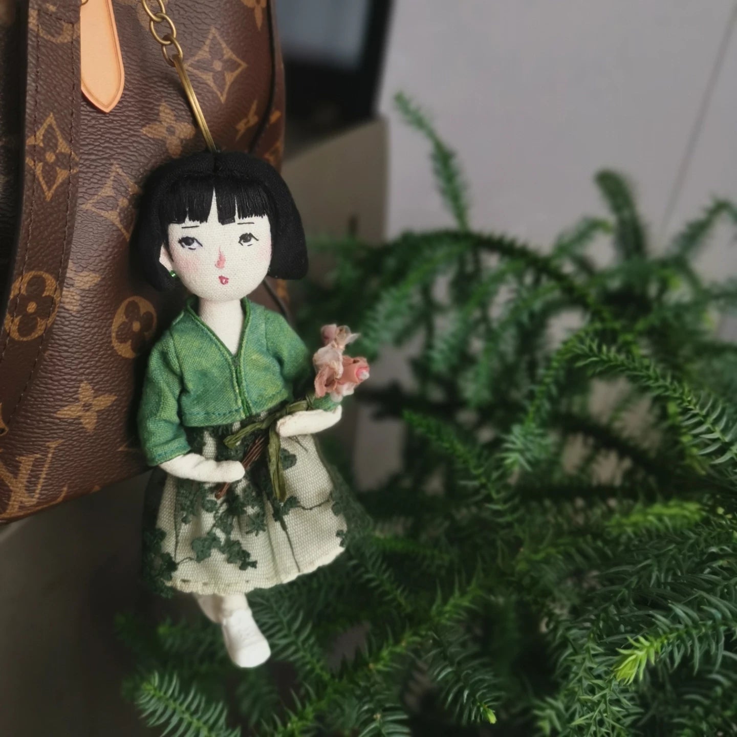 Handmade Artisan Fabric Doll Bag Charm - Green Dress Girl