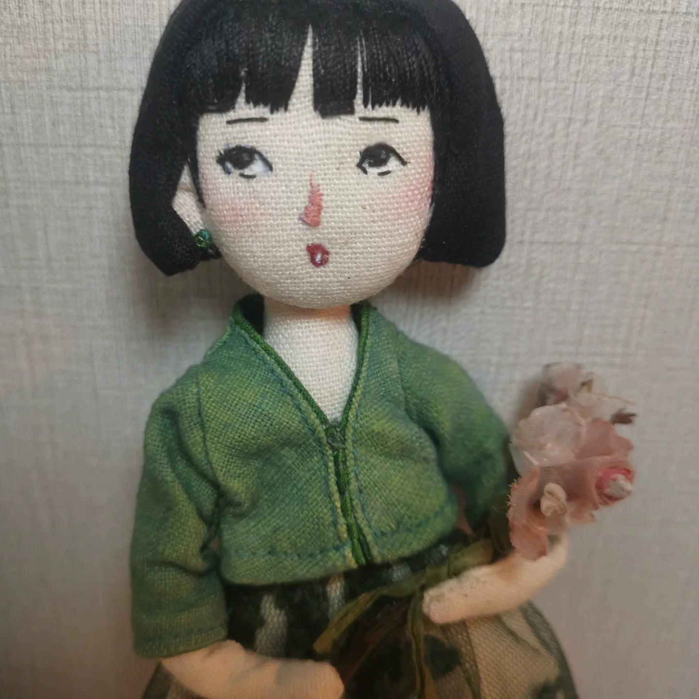 Handmade Artisan Fabric Doll Bag Charm - Green Dress Girl