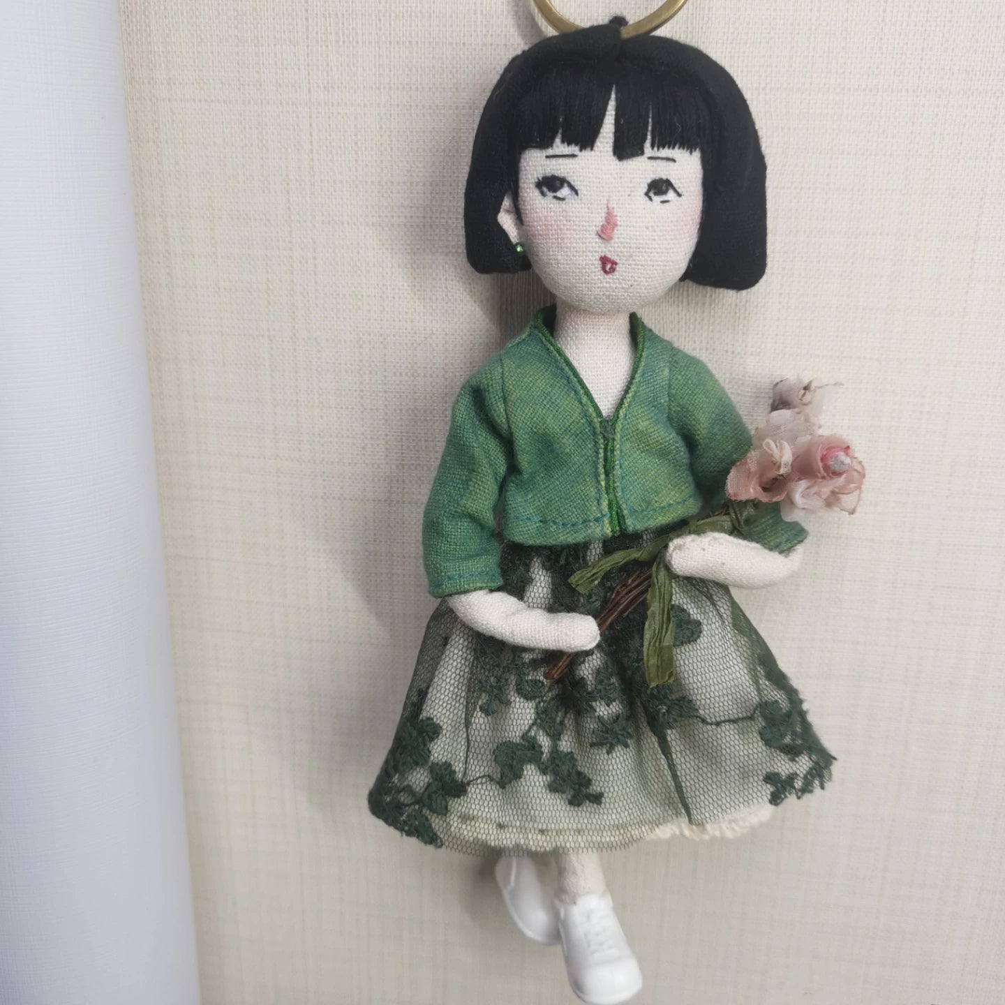Handmade Artisan Fabric Doll Bag Charm - Green Dress Girl