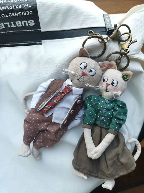 Artisan Handmade Cat Couple Fabric Doll Charm | Original Design
